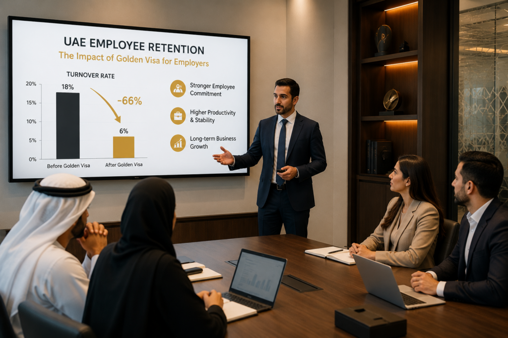 Golden Visa UAE for Employers impact on employee retention shown in corporate meeting presentation