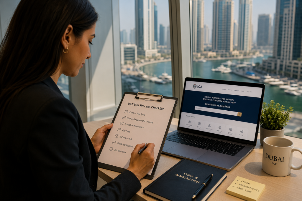 Golden Visa UAE for Employers application process checklist with ICA portal and Dubai office view