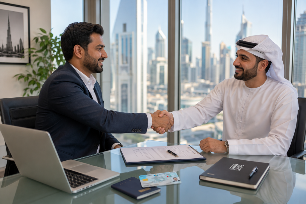 South Asian executive and Emirati HR consultant shaking hands in a Dubai office meeting.