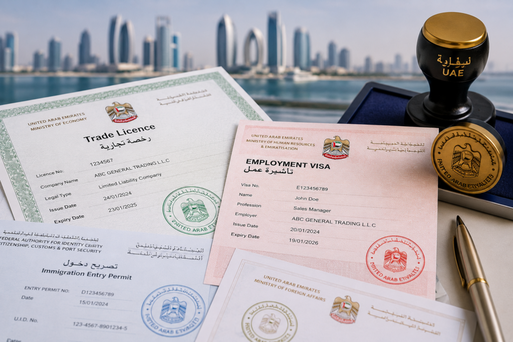 Close-up of UAE trade licence and employment visa with official stamps, Abu Dhabi skyline blurred in background.