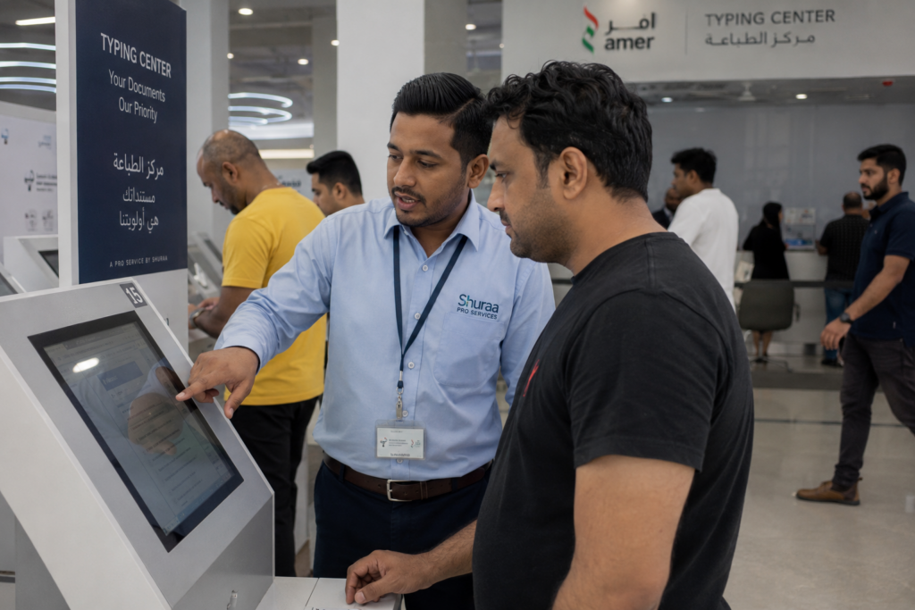 PRO agent assisting a client at a touchscreen kiosk in a busy Dubai typing center.