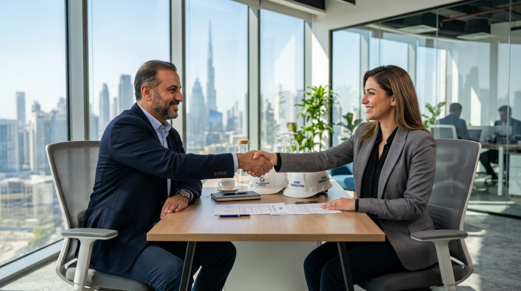 Business owner meeting a manpower company representative on a Dubai worksite before hiring