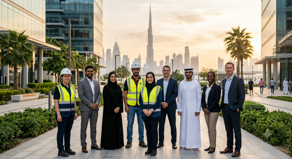 A diverse team of construction and office workers in high-visibility vests and business attire posing together at a modern Dubai business park at sunset with the Burj Khalifa in the background.