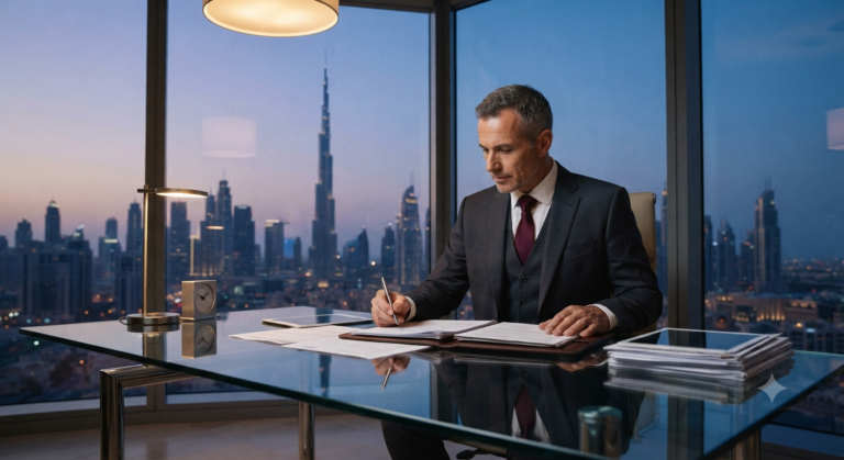 a business executive reviewing paperwork at a glass desk with a panoramic view of the Dubai skyline