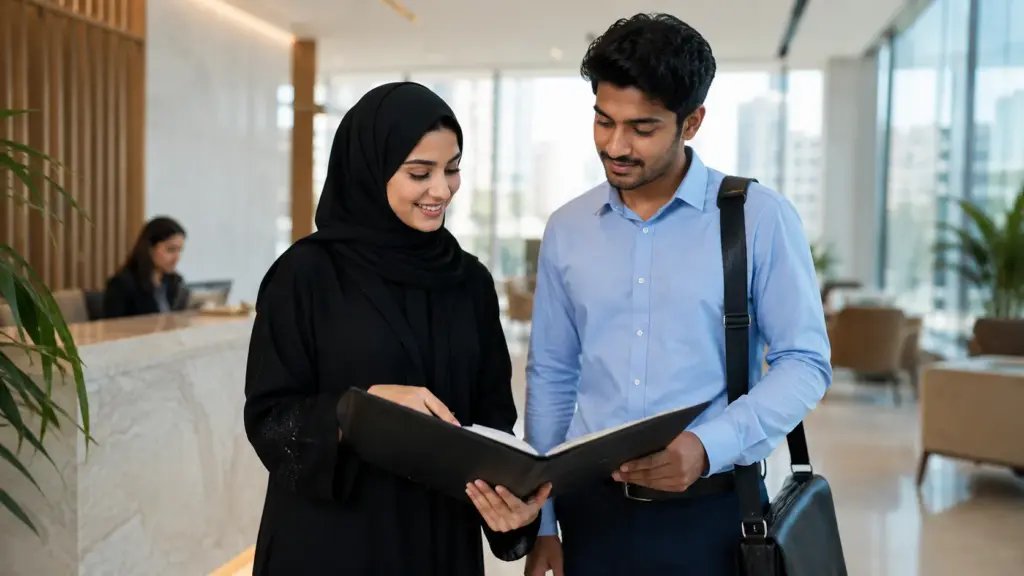 HR manager onboarding a new employee in a Dubai office