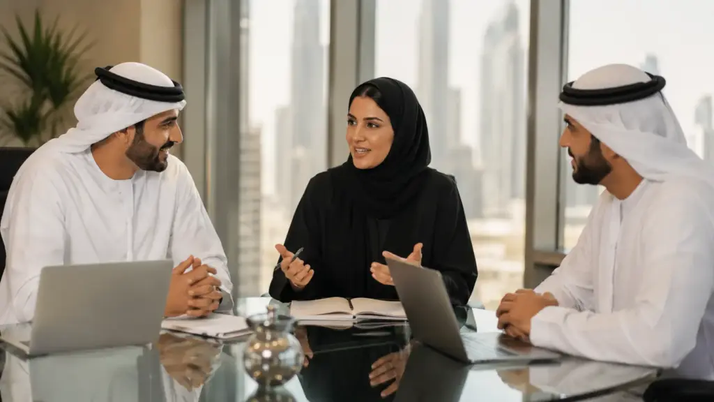 emiratisation- Emirati professionals collaborating in a modern UAE office