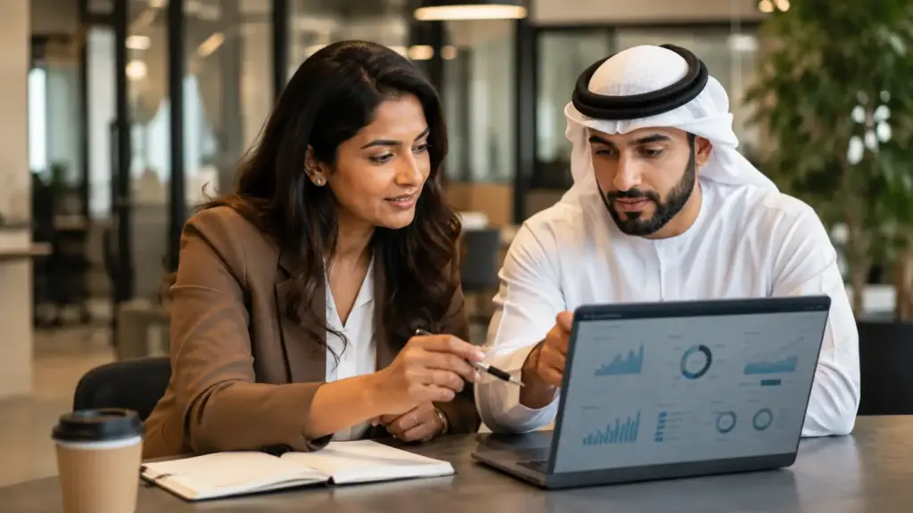 HR manager and recruitment specialist reviewing Emiratisation workforce data in Dubai