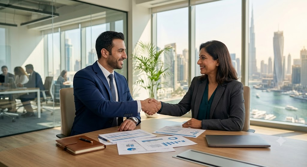 OnTime manpower consultant meeting a client in Dubai to plan workforce solutions