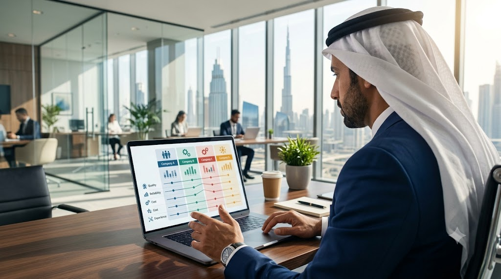 Business owner comparing the best manpower supply companies in the UAE