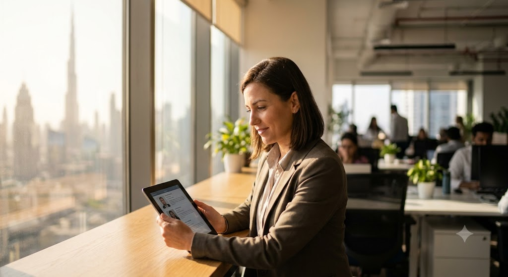 An HR manager in a Dubai office reviewing candidate profiles on a tablet by a window, with a blurred, busy workspace in the background.