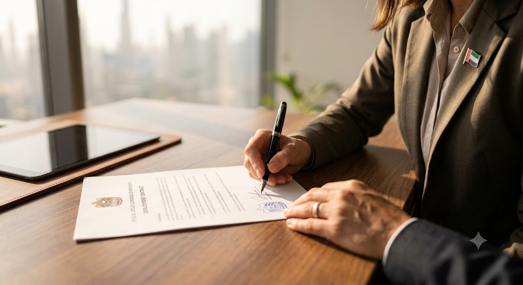 hands signing an employment contract on a wooden desk