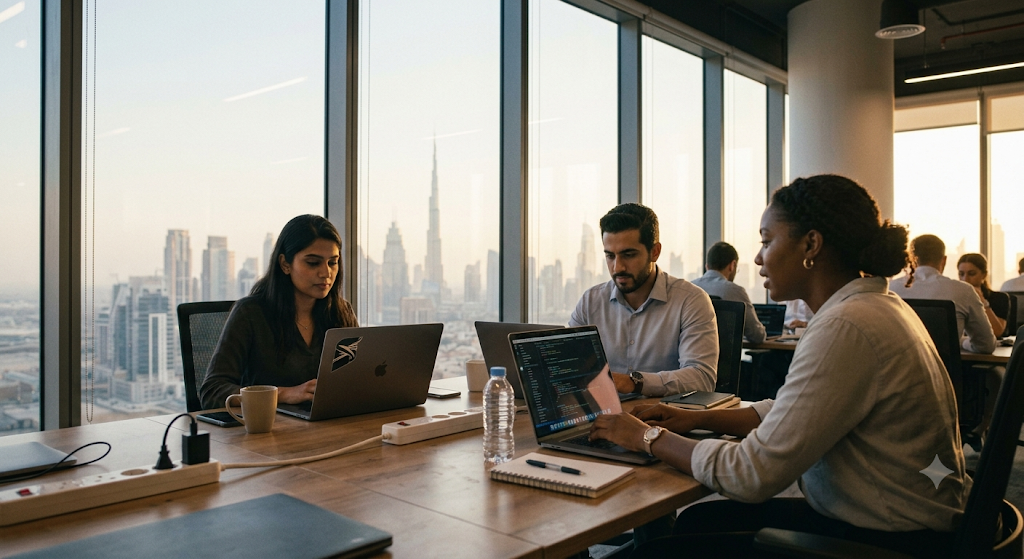  small startup team of three people working from a shared co-working space desk in Dubai