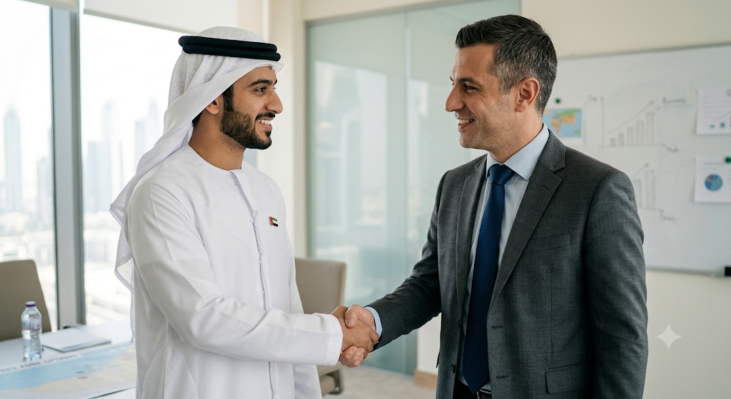 Emirati professional in business attire shaking hands with a foreign business owner in a bright modern office