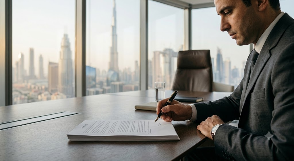 Business owner reviewing a manpower supply contract carefully before signing 