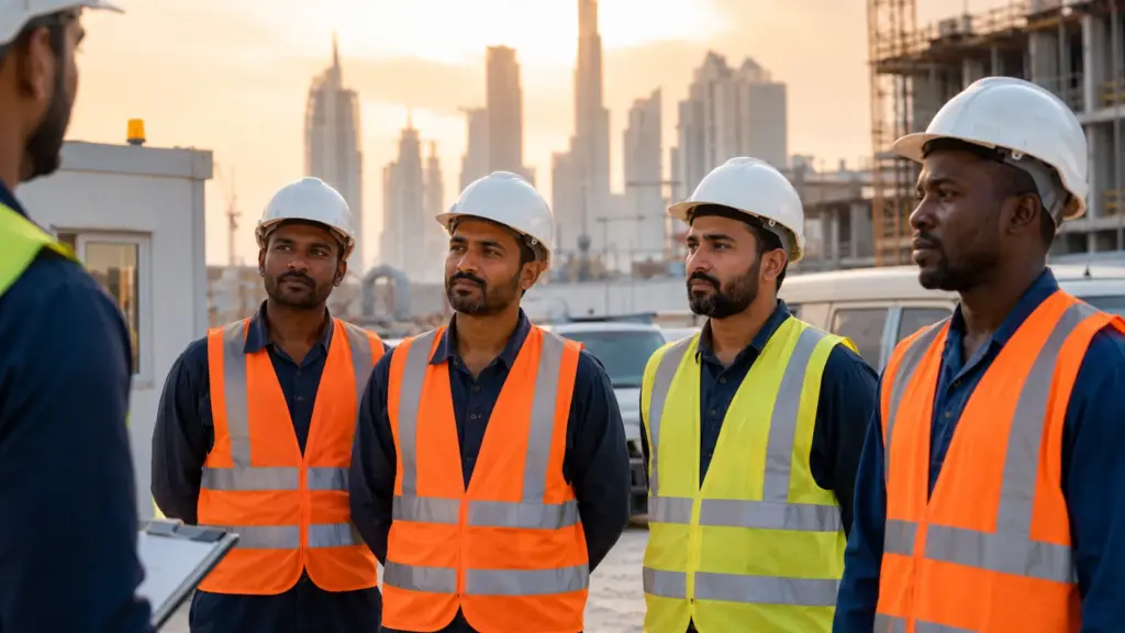 manpower supply rates dubai- Blue collar workers at construction site