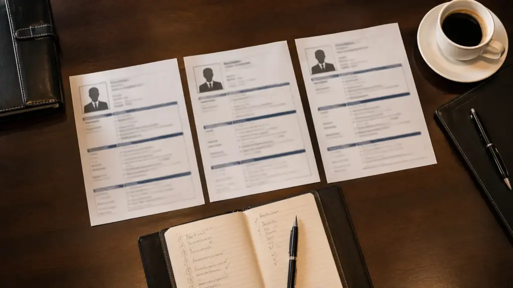 executive staffing dubai -shortlist profiles laid out for review in a boardroom 