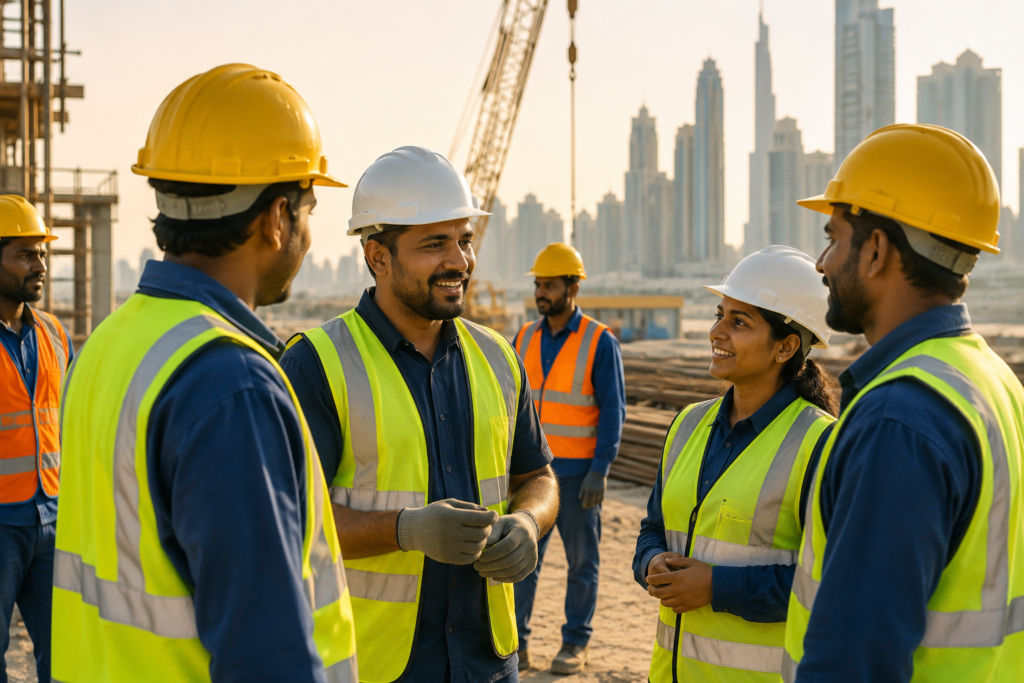 Temporary workers in UAE work uniforms collaborating at a Dubai construction site
