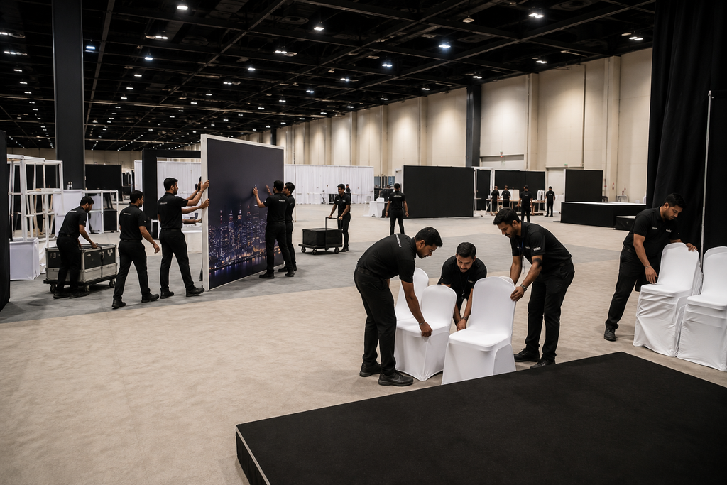 Event staff setting up chairs and exhibition displays in a Dubai convention hall
