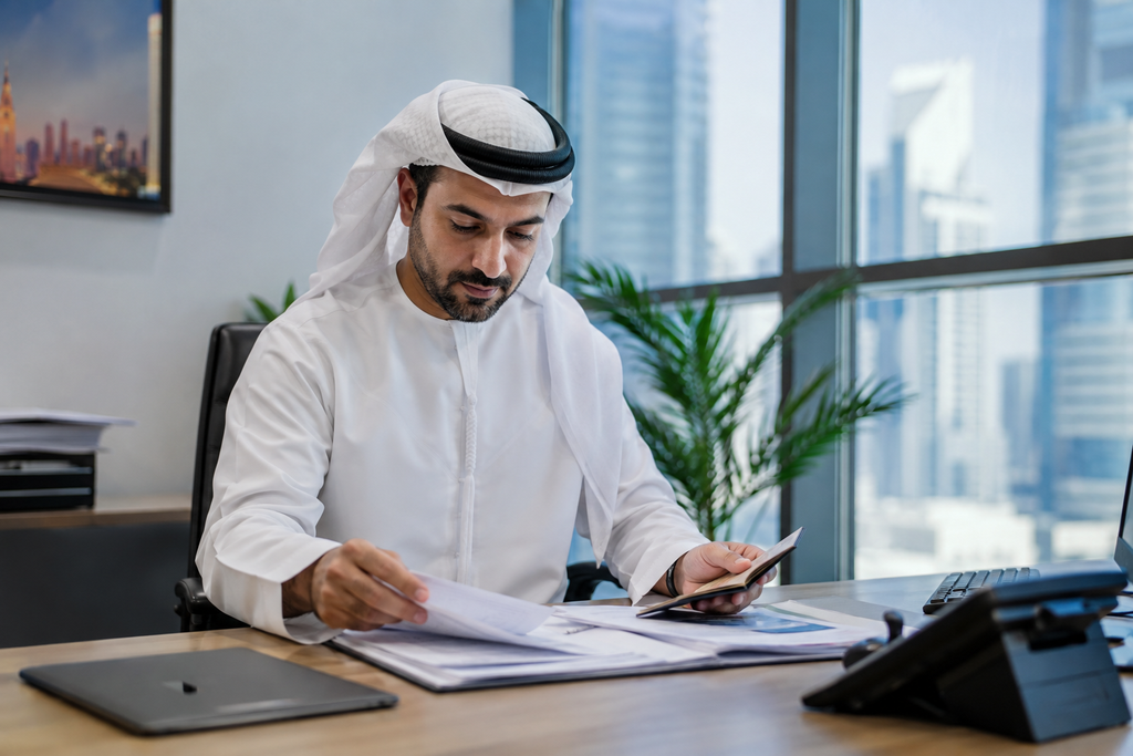 UAE HR manager reviewing worker documents and visa paperwork at a desk in a modern Dubai office.