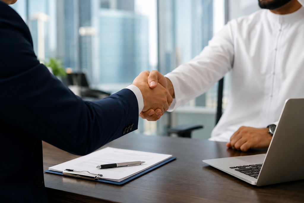 Business professionals shaking hands over a staffing agreement in a UAE office