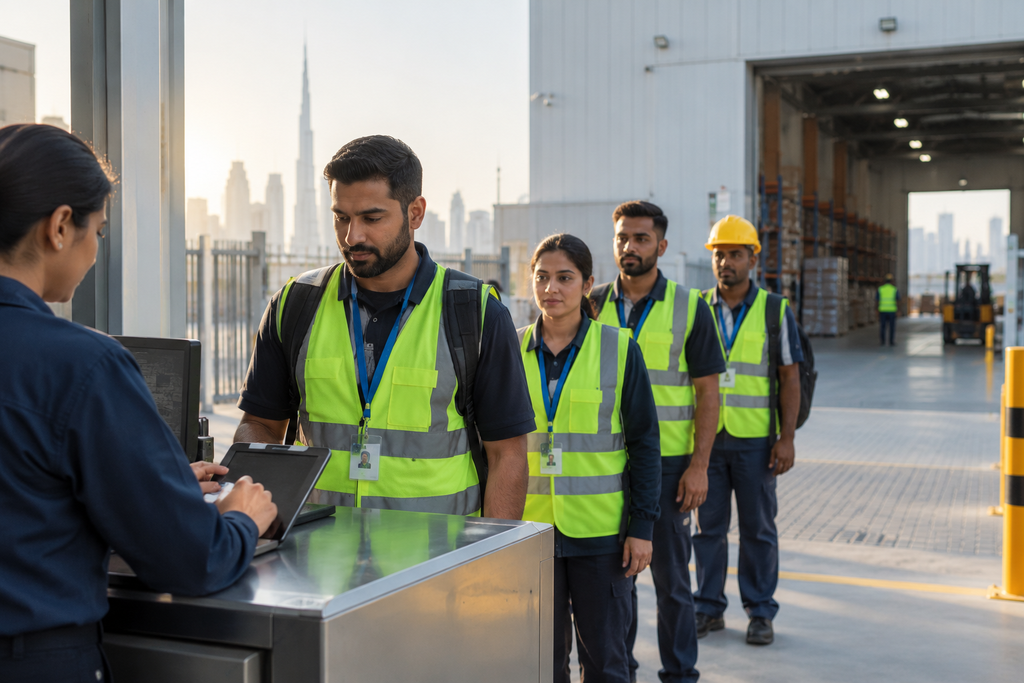 Temporary staff workers checking in at a UAE warehouse entrance while presenting ID badges to an administrator.