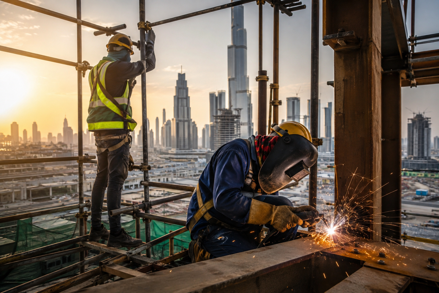 Scaffolder and welder working on a UAE construction site with Dubai skyline at sunset