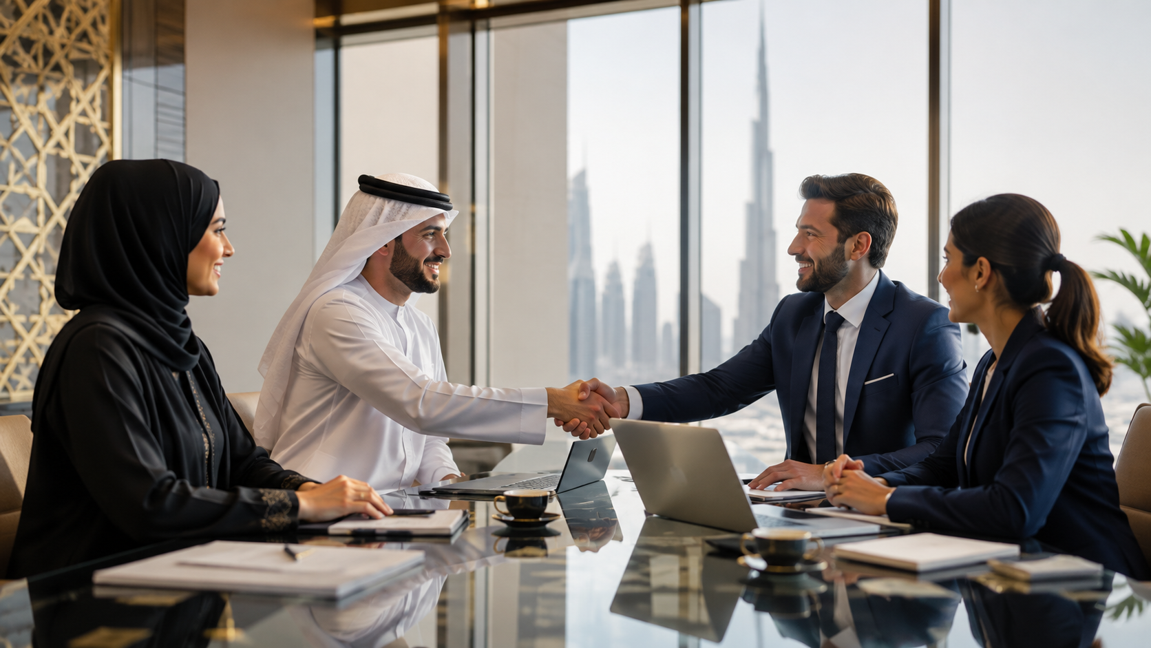 Diverse business team shaking hands in a modern Dubai office with Burj Khalifa in the background