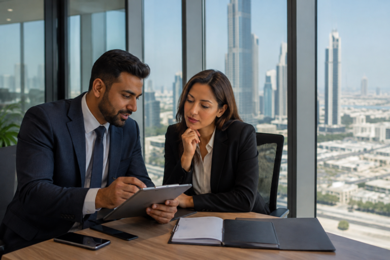 Business professionals reviewing workforce contracts in a modern Dubai office