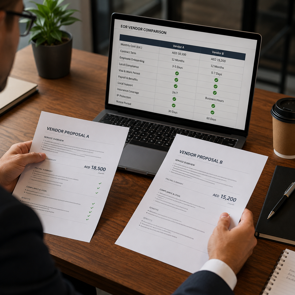 Business owner comparing EOR vendor proposals with a laptop showing a vendor comparison spreadsheet