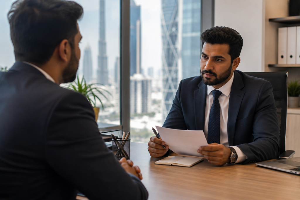 Recruitment consultant interviewing a candidate in a modern Dubai office