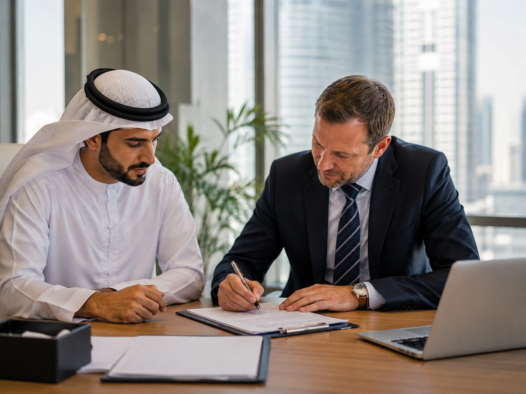 Emirati HR manager and foreign executive reviewing and signing an employment contract in a Dubai office