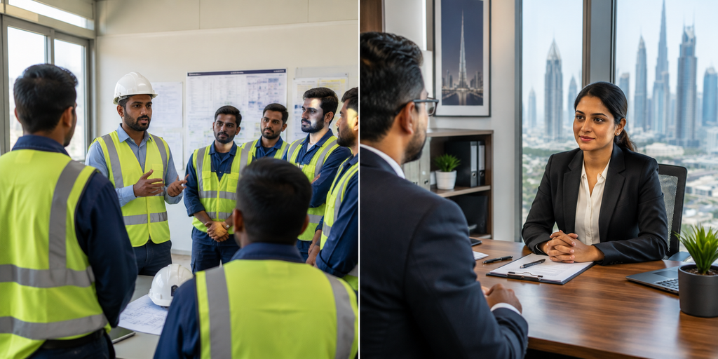 UAE workers receiving a site briefing alongside a candidate attending a job interview