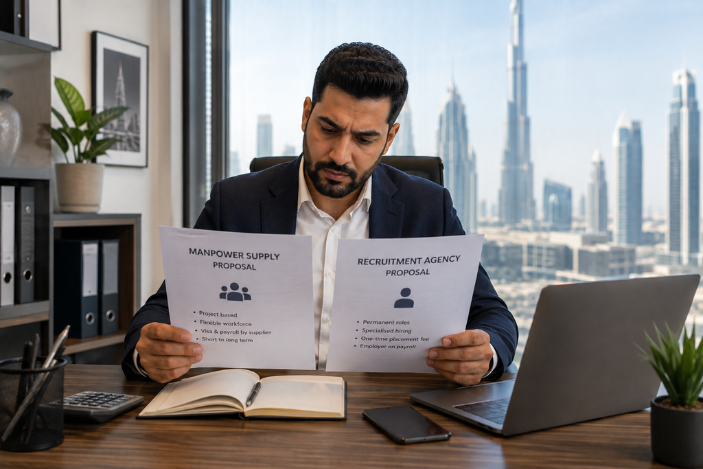 UAE business owner comparing workforce proposals at an office desk
