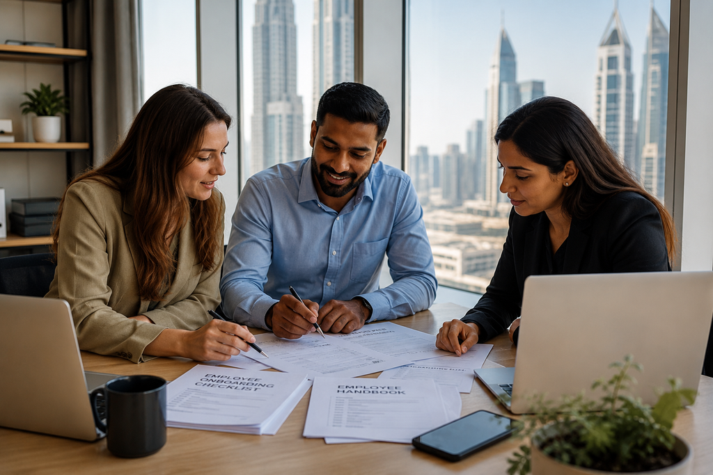 HR team reviewing employee onboarding documents in a Dubai office
