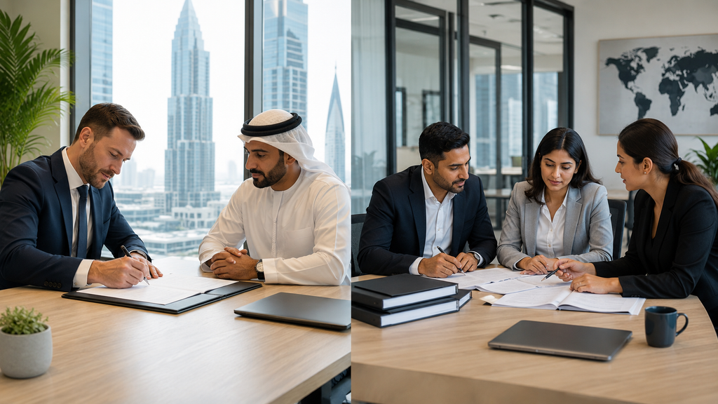 Business meetings comparing EOR and PEO employment solutions in Dubai
