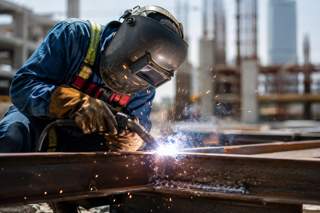 Certified welder in protective gear welding a steel beam on a UAE construction site