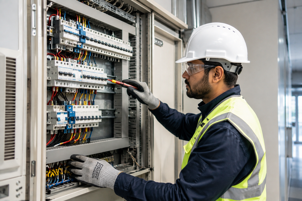 Licensed electrician inspecting a distribution board inside a UAE commercial building