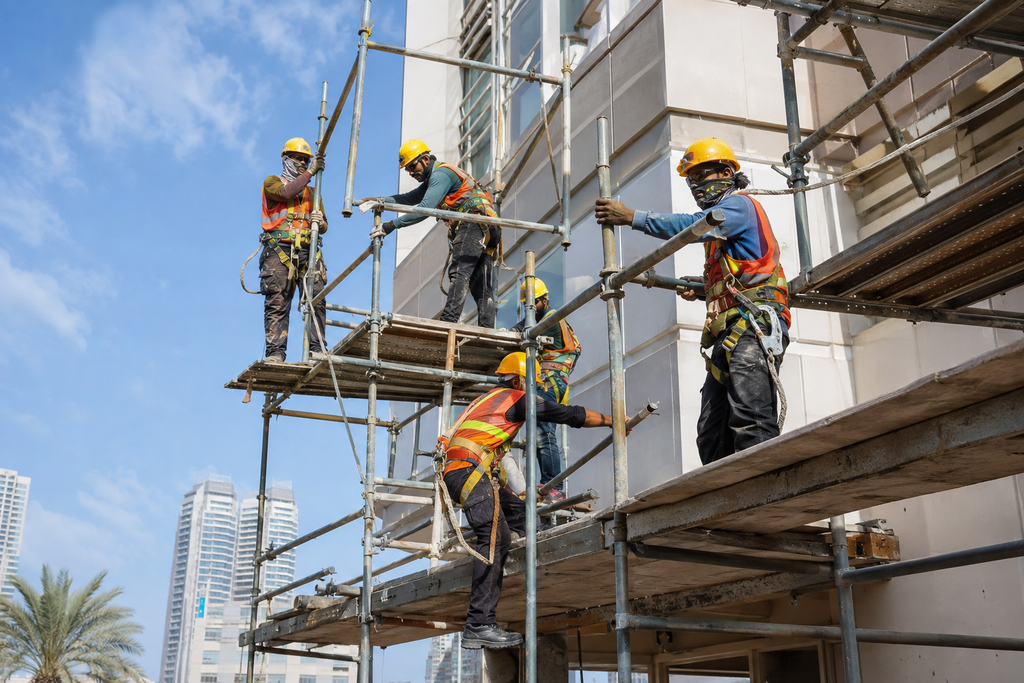 UAE scaffolders assembling a tube-and-fitting scaffold with safety harnesses on a mid-rise building