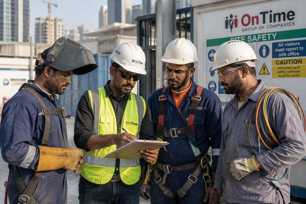 UAE site supervisor reviewing a clipboard with welders, electricians and scaffolders at a construction site