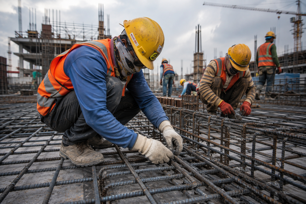 Steel fixers tying rebar for a foundation slab on a UAE construction site
