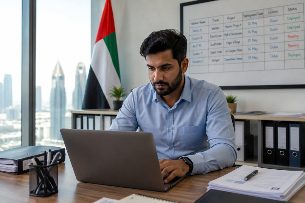 UAE manpower coordinator reviewing worker deployment schedules on a laptop