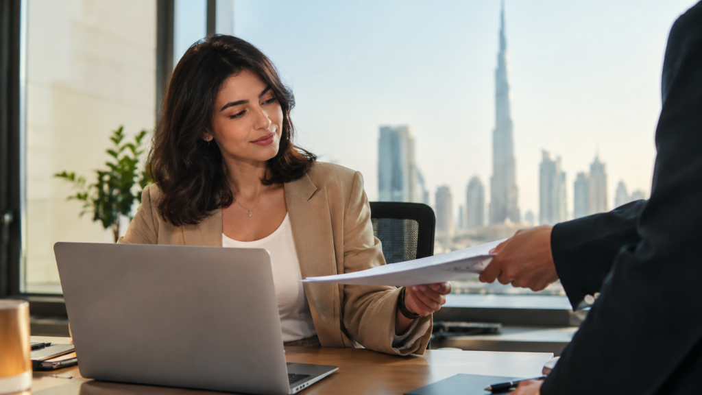 Business owner managing HR tasks without an HR department in a Dubai office