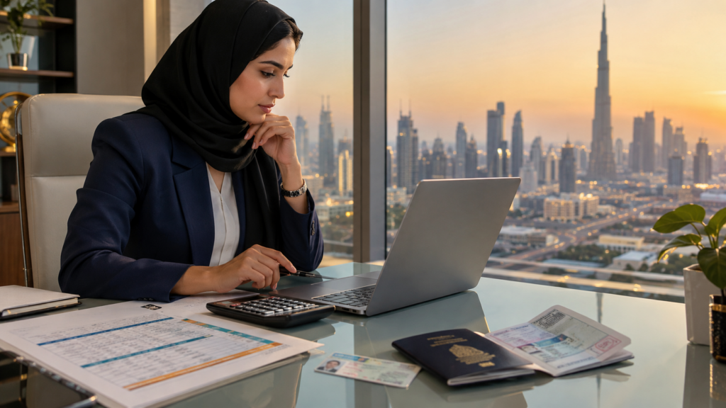 HR manager calculating the cost of hiring an employee in UAE in a Dubai office
