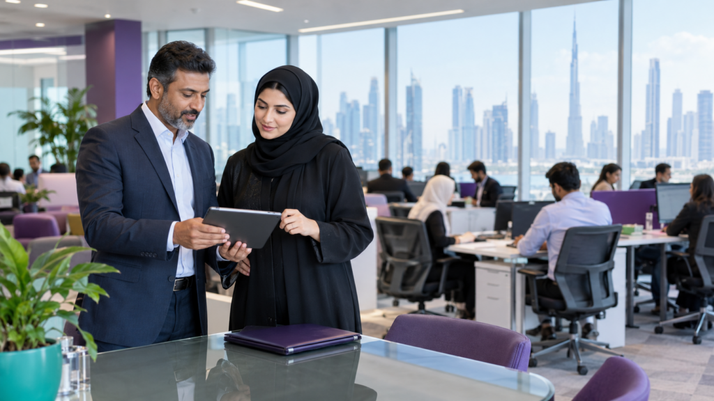 Dubai business owner and HR advisor reviewing workforce plans as a growing team works in the background