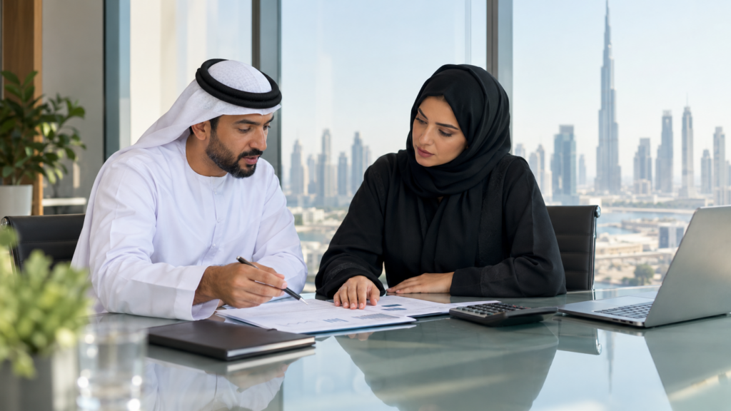 Finance and HR managers reviewing employer of record cost in UAE in a Dubai office