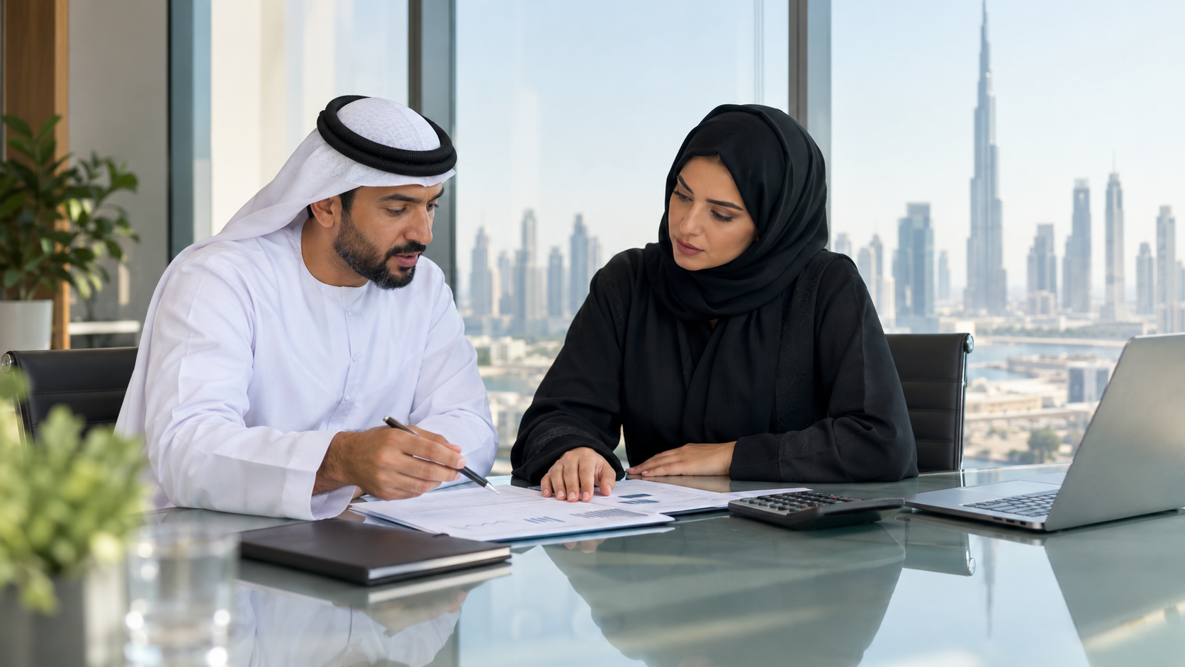 Finance and HR managers reviewing employer of record cost in UAE in a Dubai office