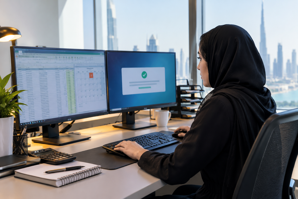 Payroll specialist processing WPS salary payments in a Dubai office