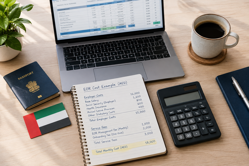 Flat-lay of an employer of record cost calculation in AED for a UAE hire
