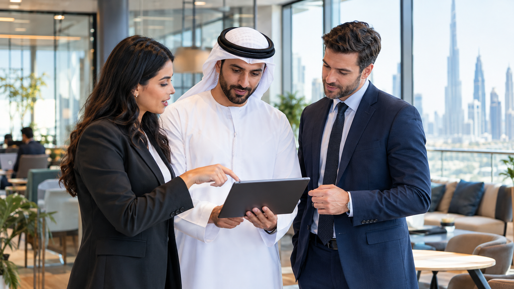 Business team planning UAE hires with an employer of record in a Dubai co-working space