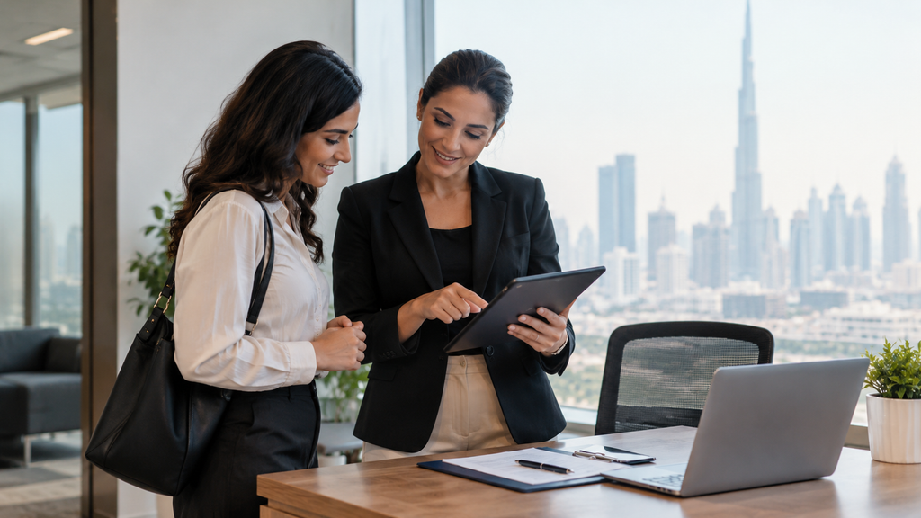 Manager walking a new employee through an onboarding checklist in a Dubai office